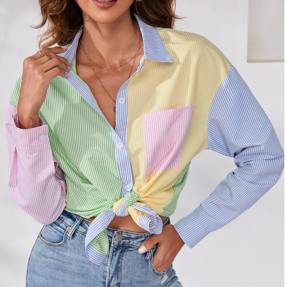 Multicolor Striped Casual Oversized Button Down Shirt (Blue, Green, Yellow, Pink - Picture 1 of 8